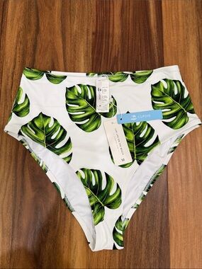 Cupshe White High-Waist Bikini Bottom with Green Tropical Leaf Print